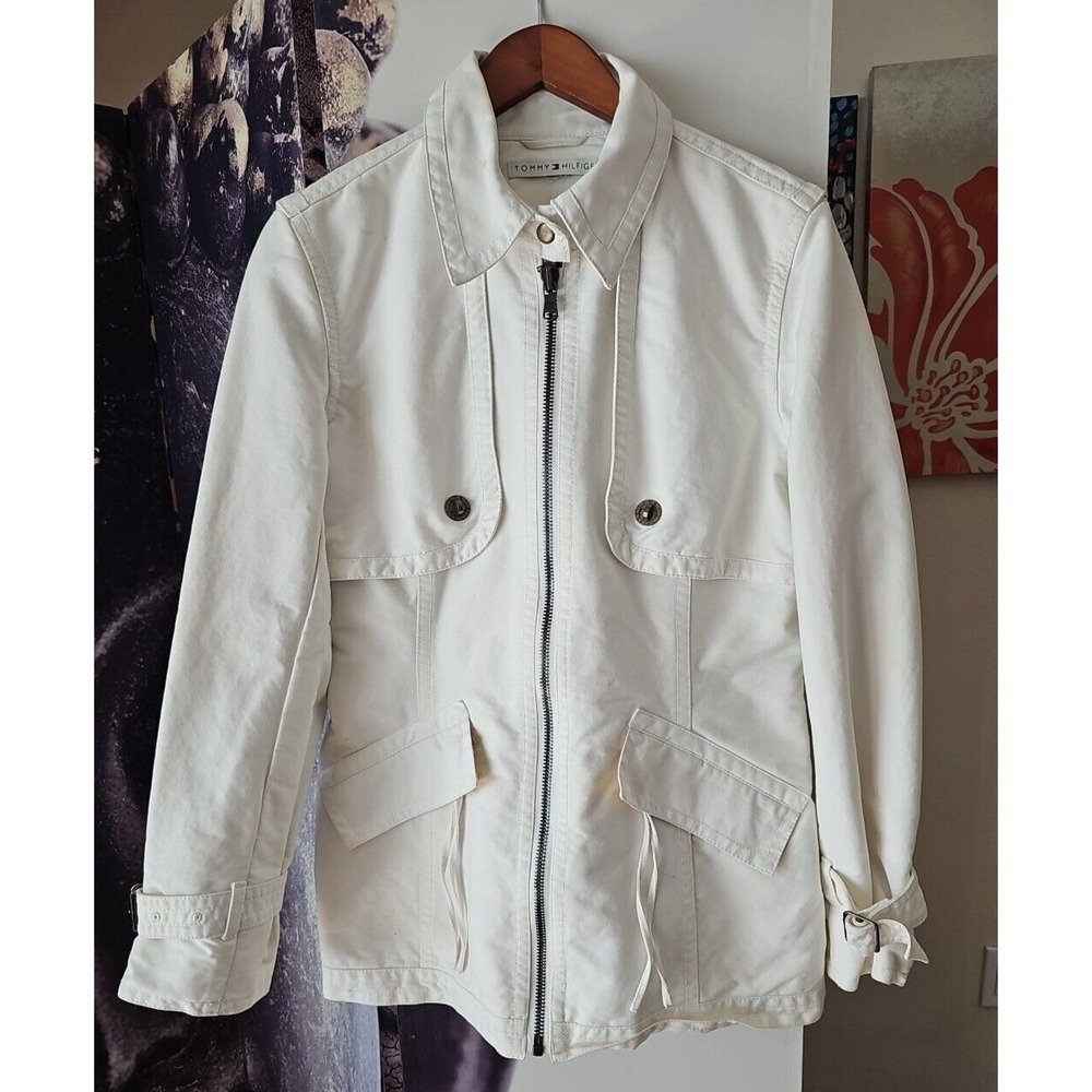 TOMMY HILFIGER Women's Ivory Cotton‎ Collared Zip Front Coat Jacket Size 8